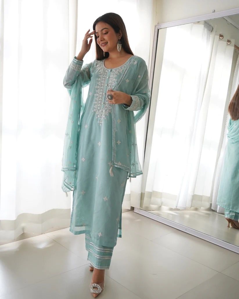 Sky Blue Color With Work Muslin Cotton Salwar Suit