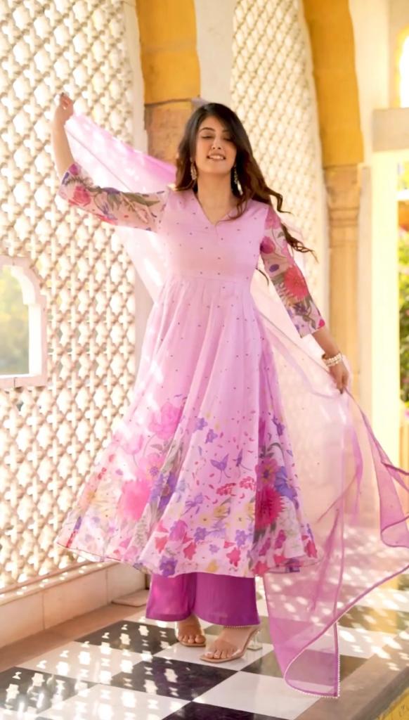 Fashionable Flower Printed Pink Color Gown