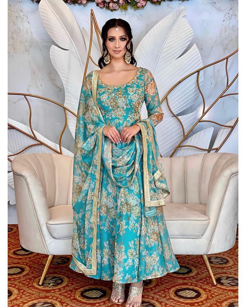 Sky Blue Color Embroidery And Print Work Gown