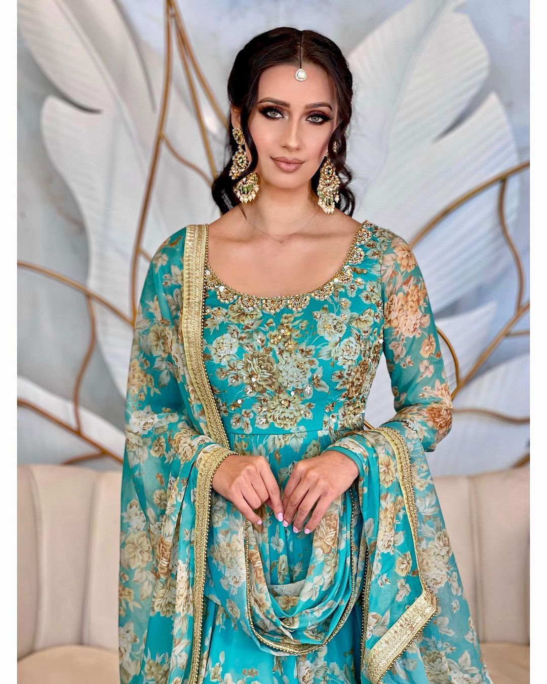 Sky Blue Color Embroidery And Print Work Gown
