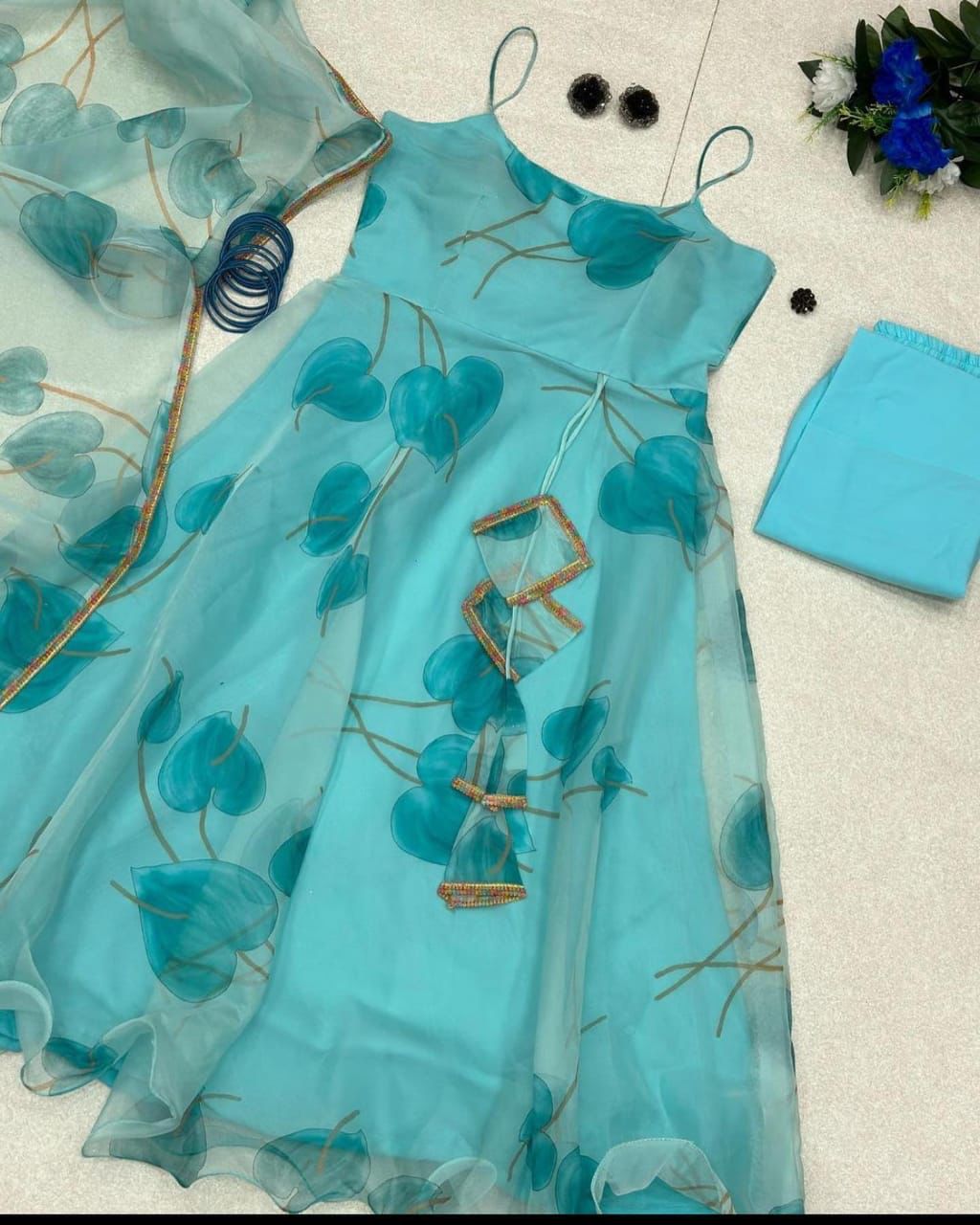 Decent Sky Blue Color Digital Print Organza Anarkali Gown