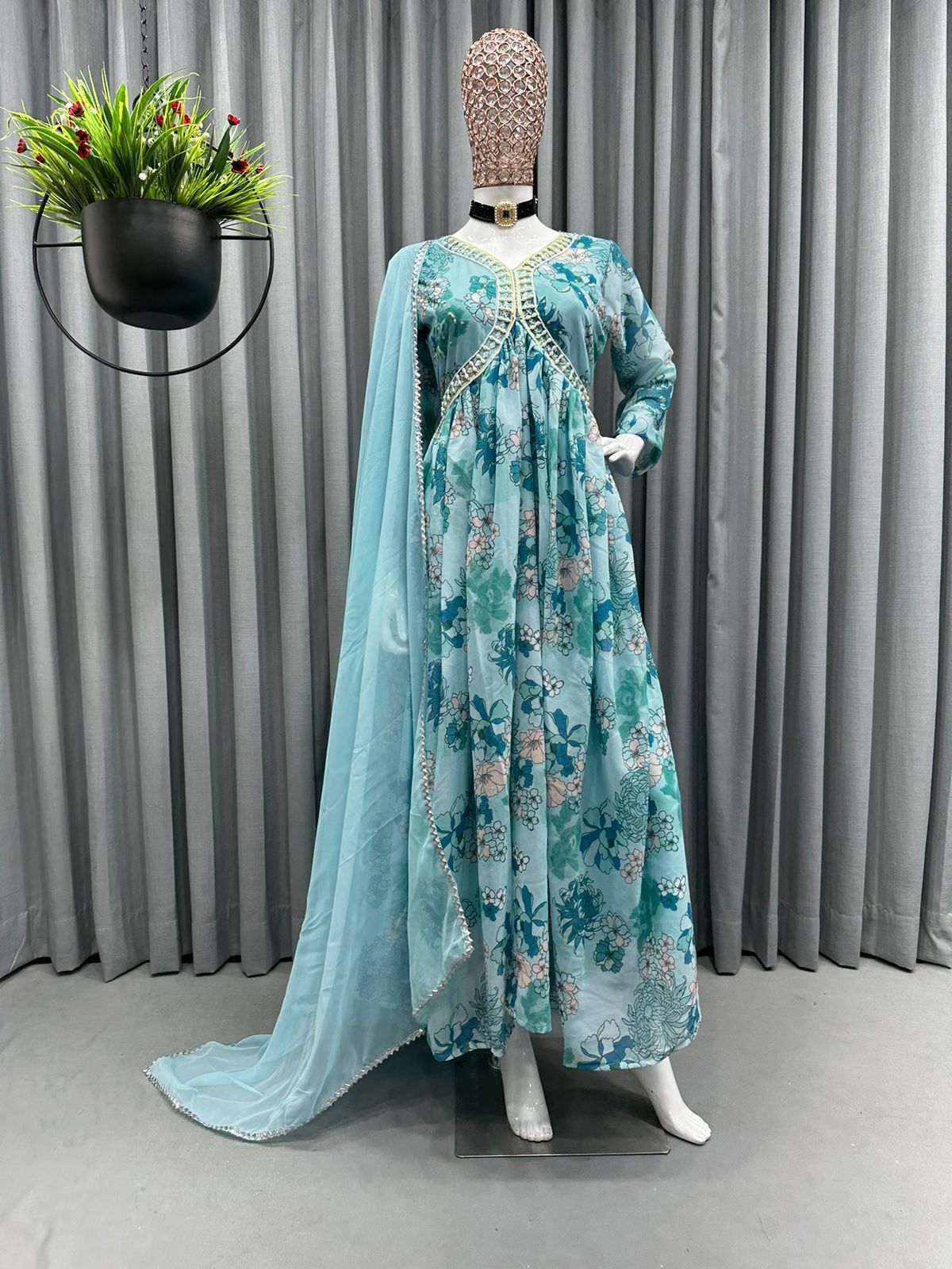 Outstanding Sky Blue Color Digital Print With Work Gown