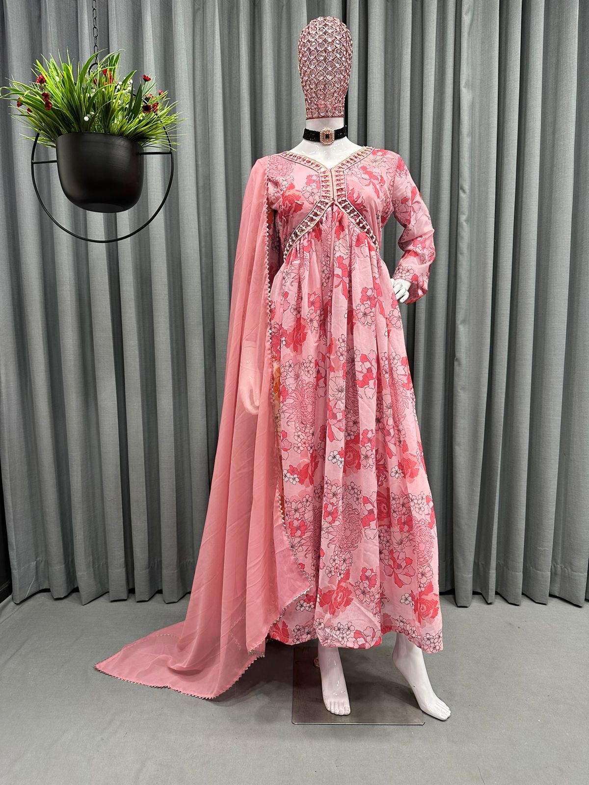 Outstanding Peach Color Digital Print With Work Gown