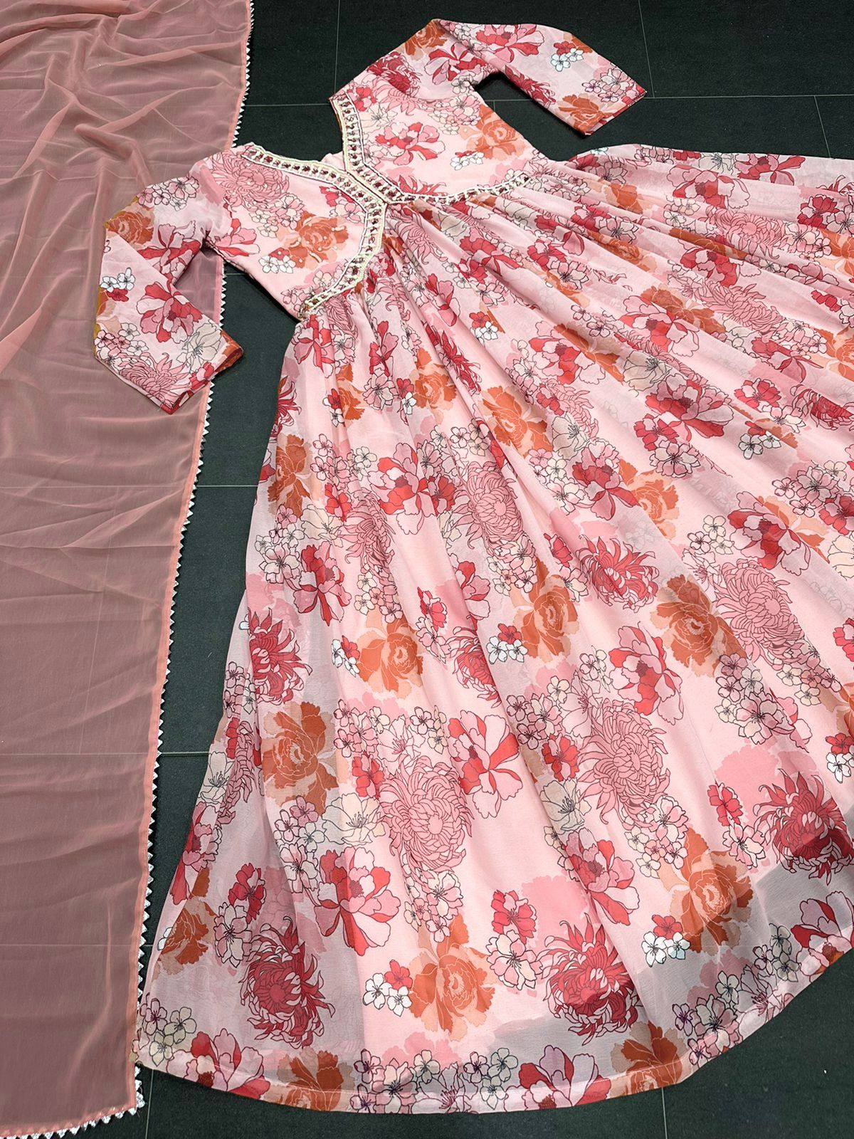 Outstanding Peach Color Digital Print With Work Gown