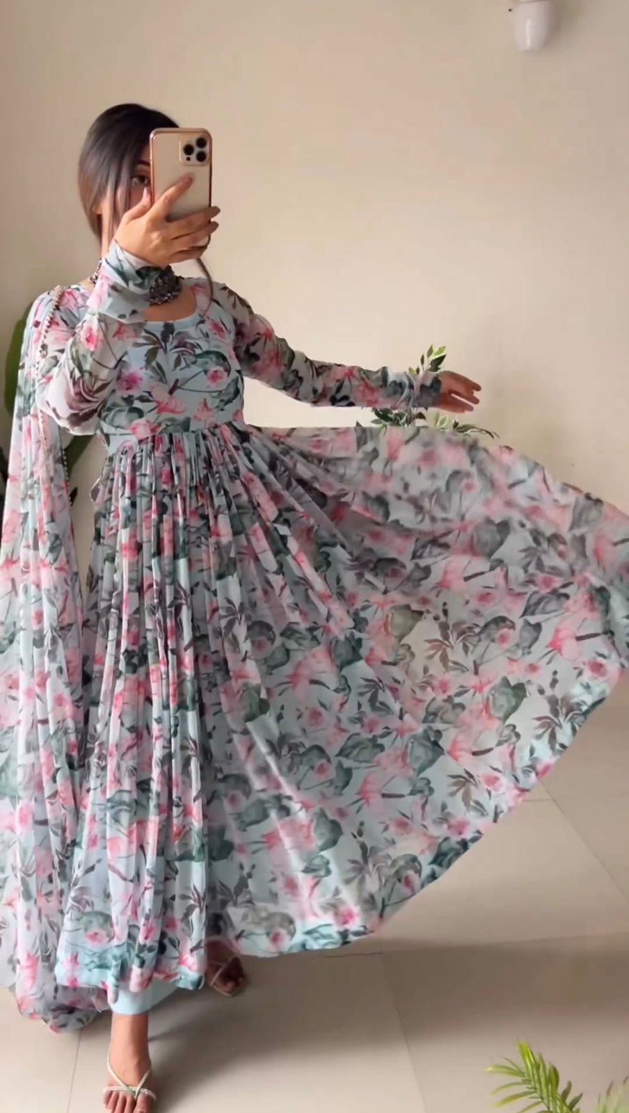Attractive Light Gray Printed Anarkali Gown