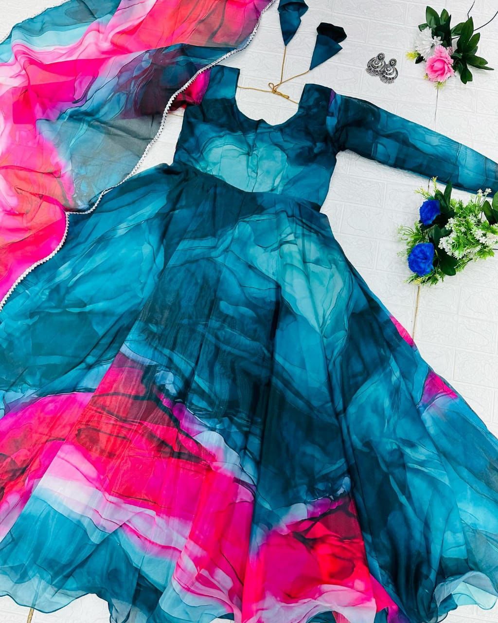 Teal Blue Color Adorable Digital Print Gown