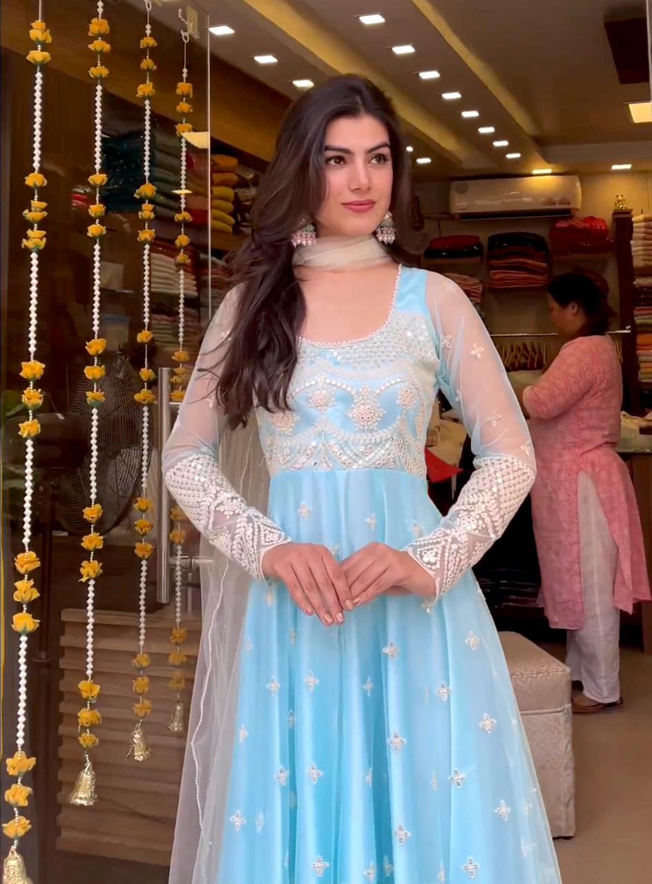 Opulent Sky Blue Color Embroidery Sequence Anarkali Gown