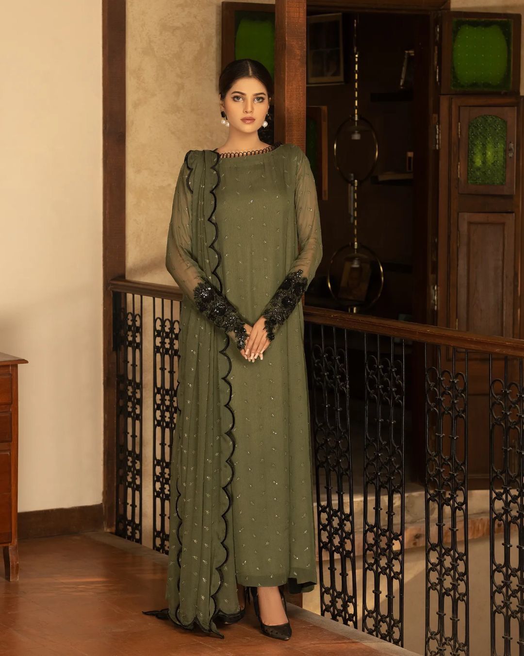 Marvelous Mehndi Color Embroidery Work Salwar Suit