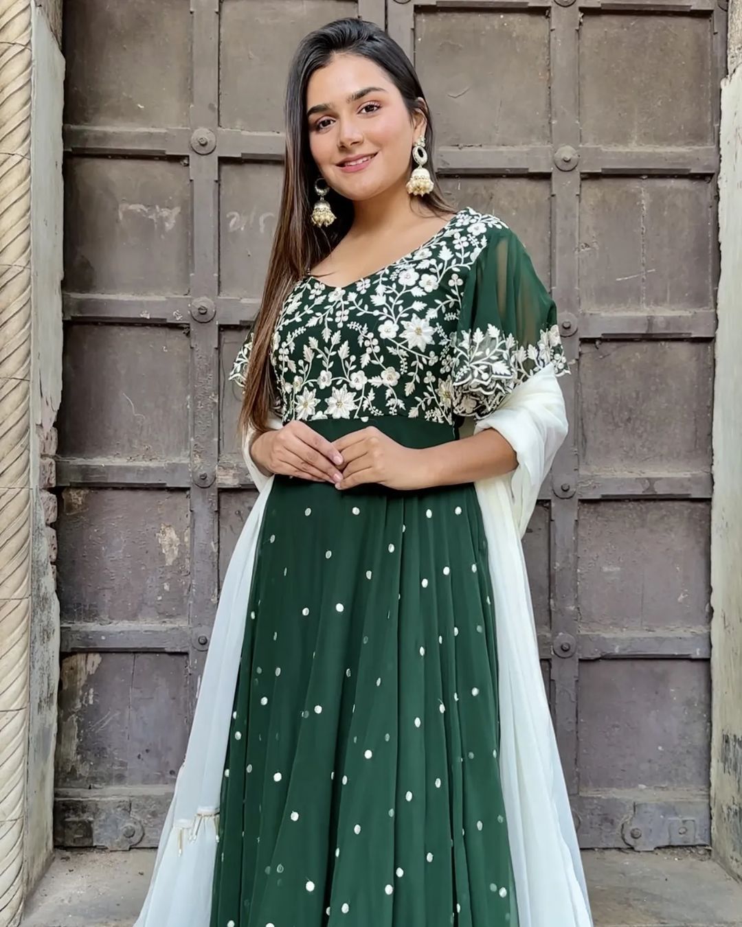 Opulent Green Color Thread Work Gown With Dupatta