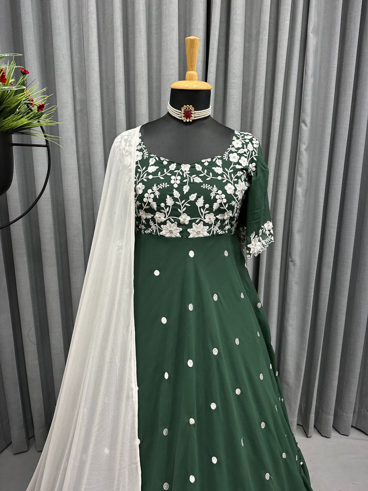 Opulent Green Color Thread Work Gown With Dupatta