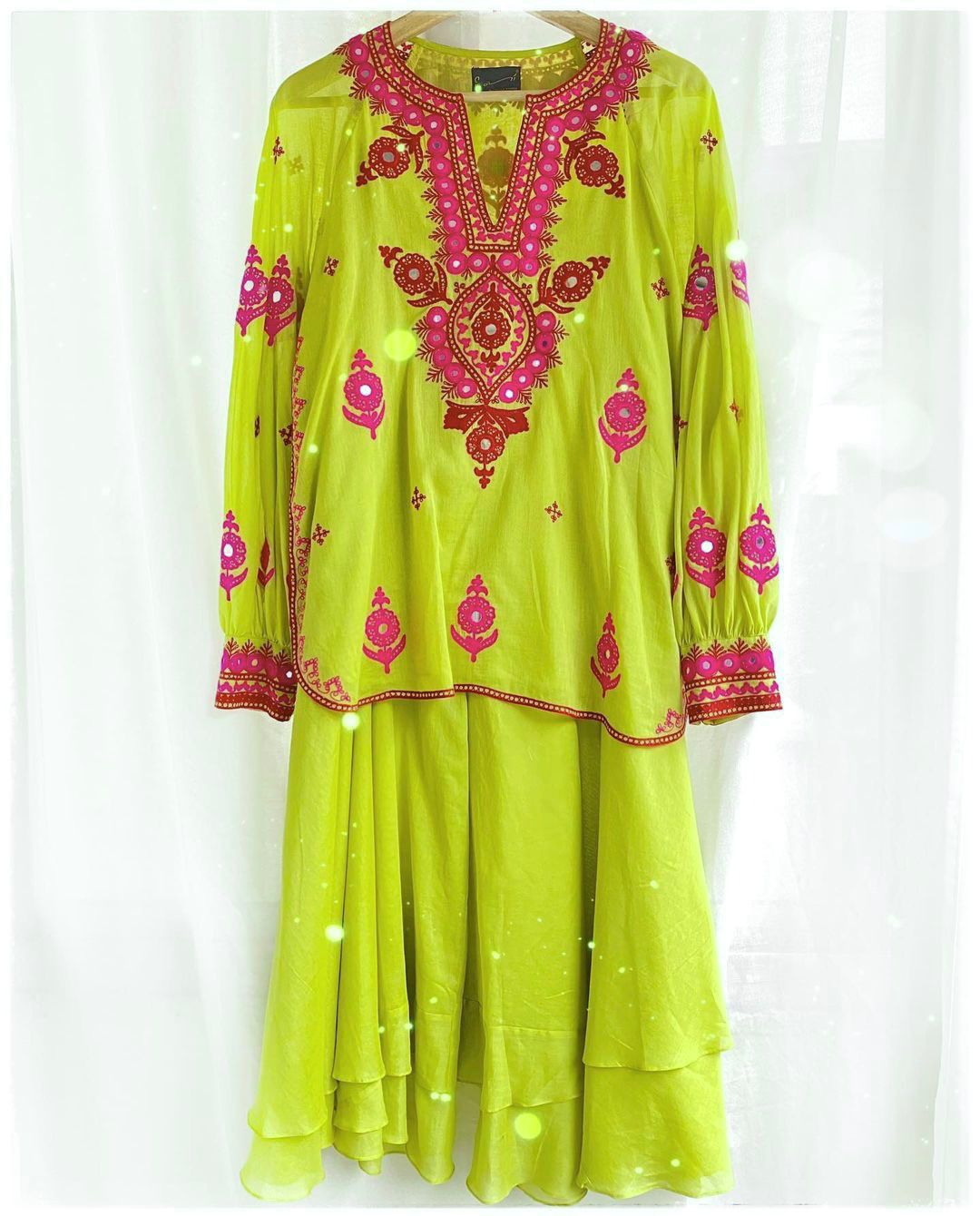 Parrot Green Color Mirror Work Gorgeous Sharara Suit