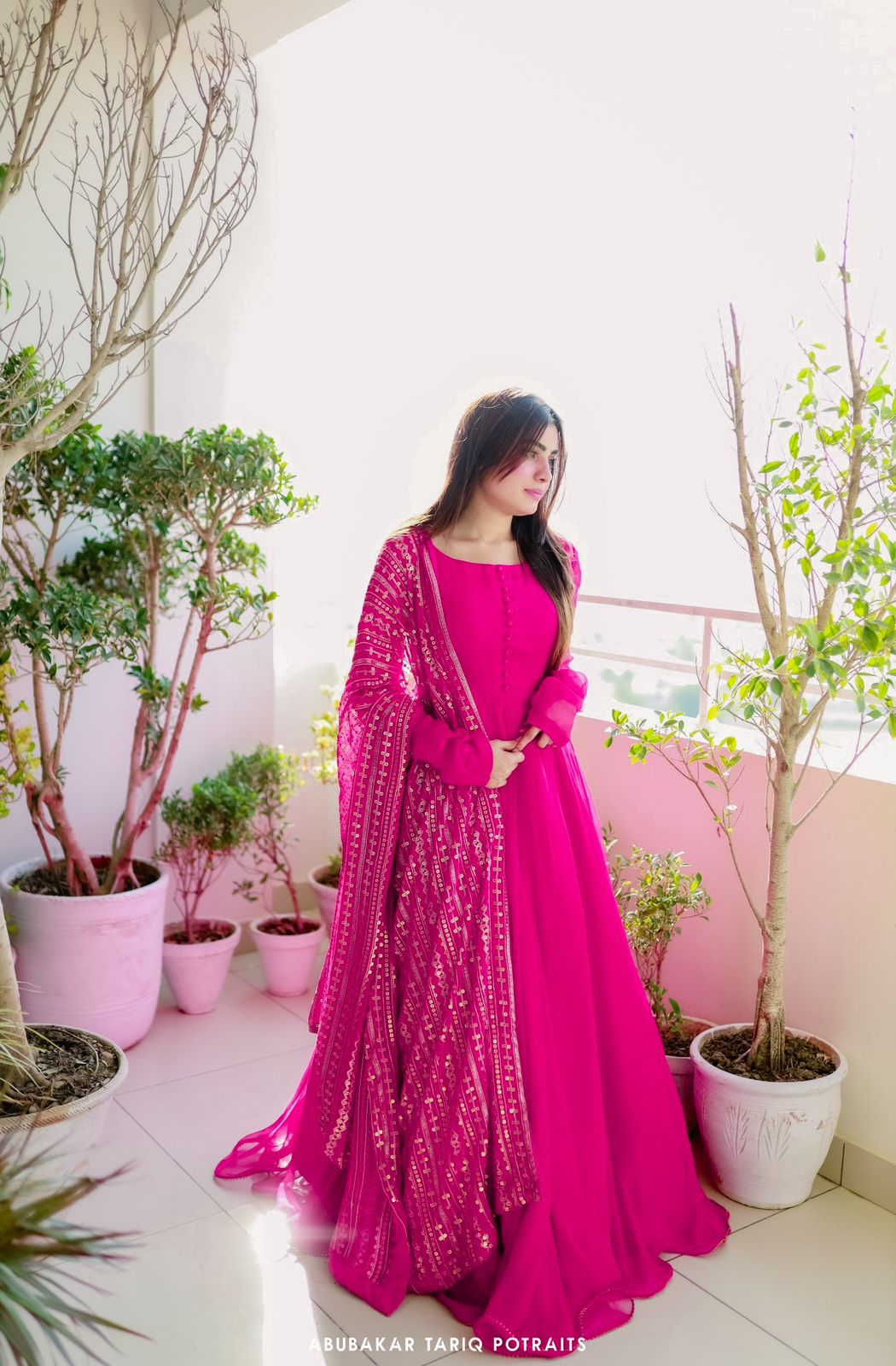 Plain Dark Pink Gown With Sequence Work Dupatta