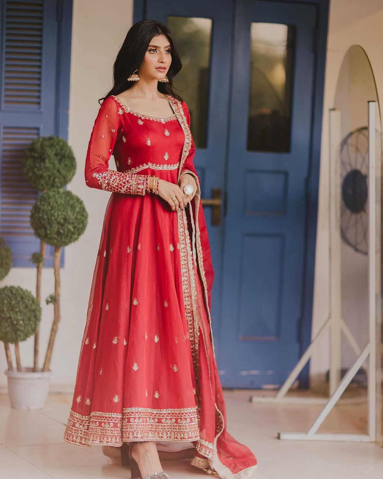 Designer Red Color Embroidered Gown
