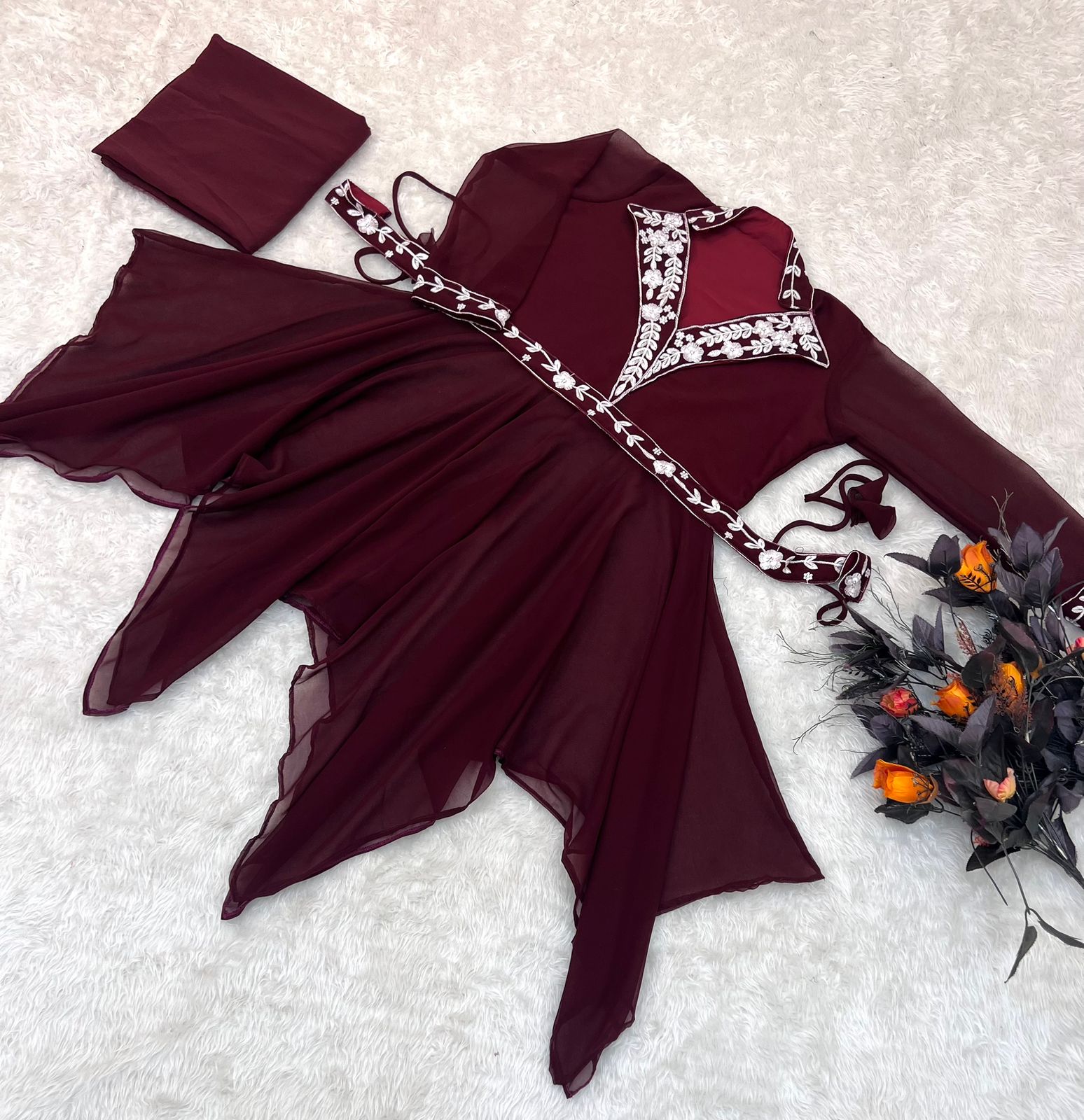 Fancy Wine Color Embroidery Work Top With Pant
