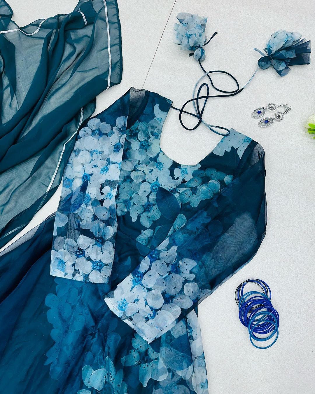 Fabulous Blue Color Digital Print Organza Gown