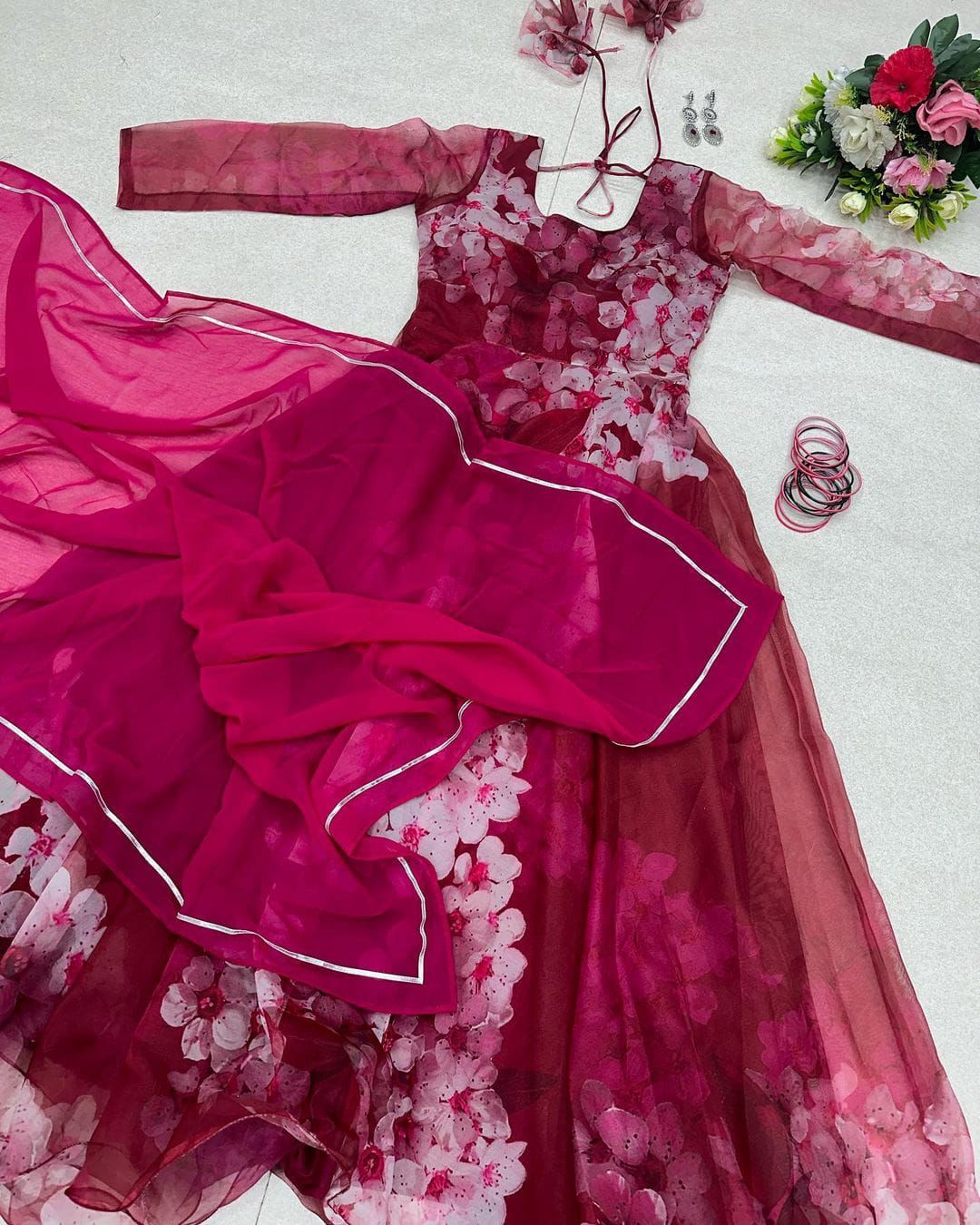Fabulous Pink Color Digital Print Organza Gown