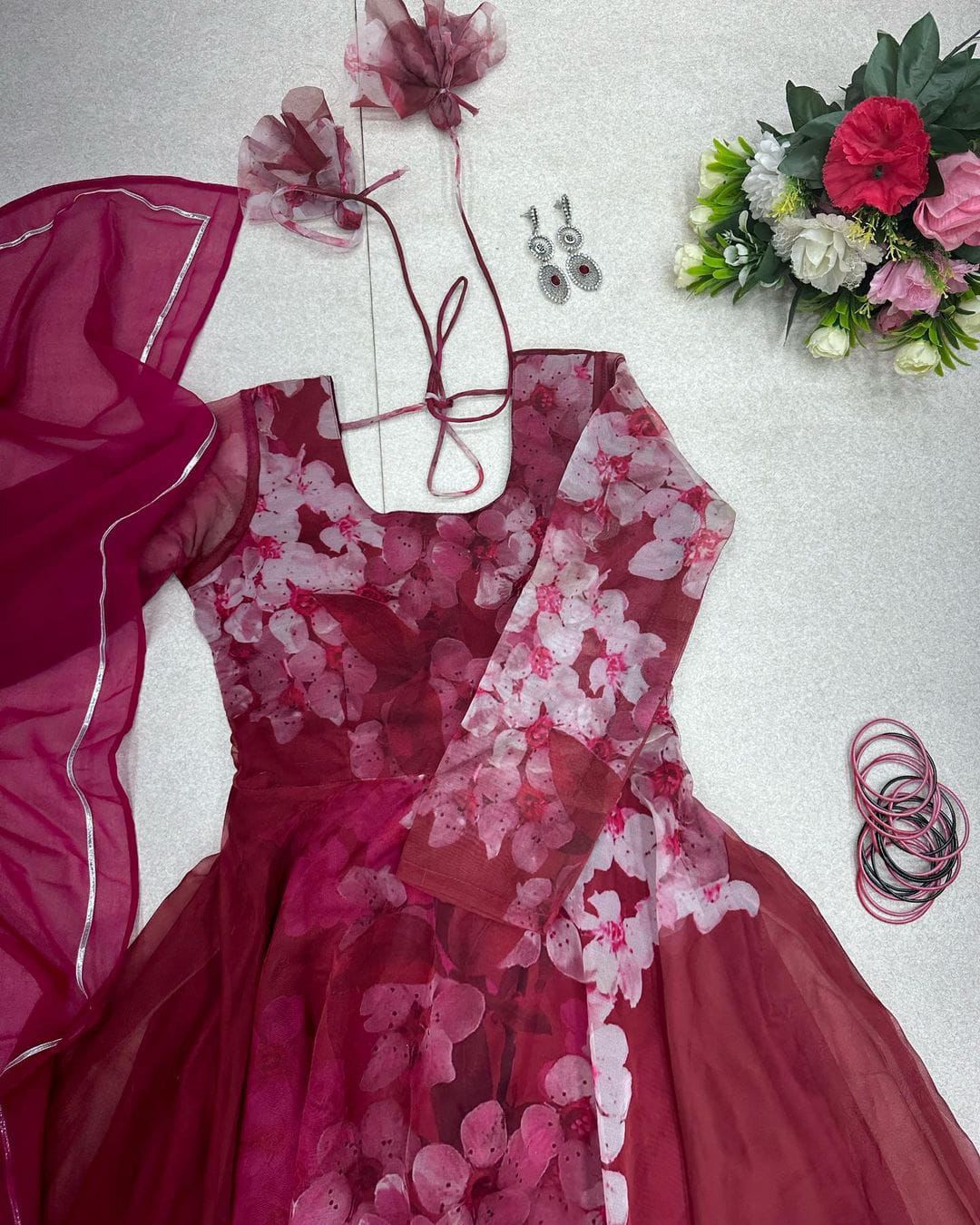 Fabulous Pink Color Digital Print Organza Gown