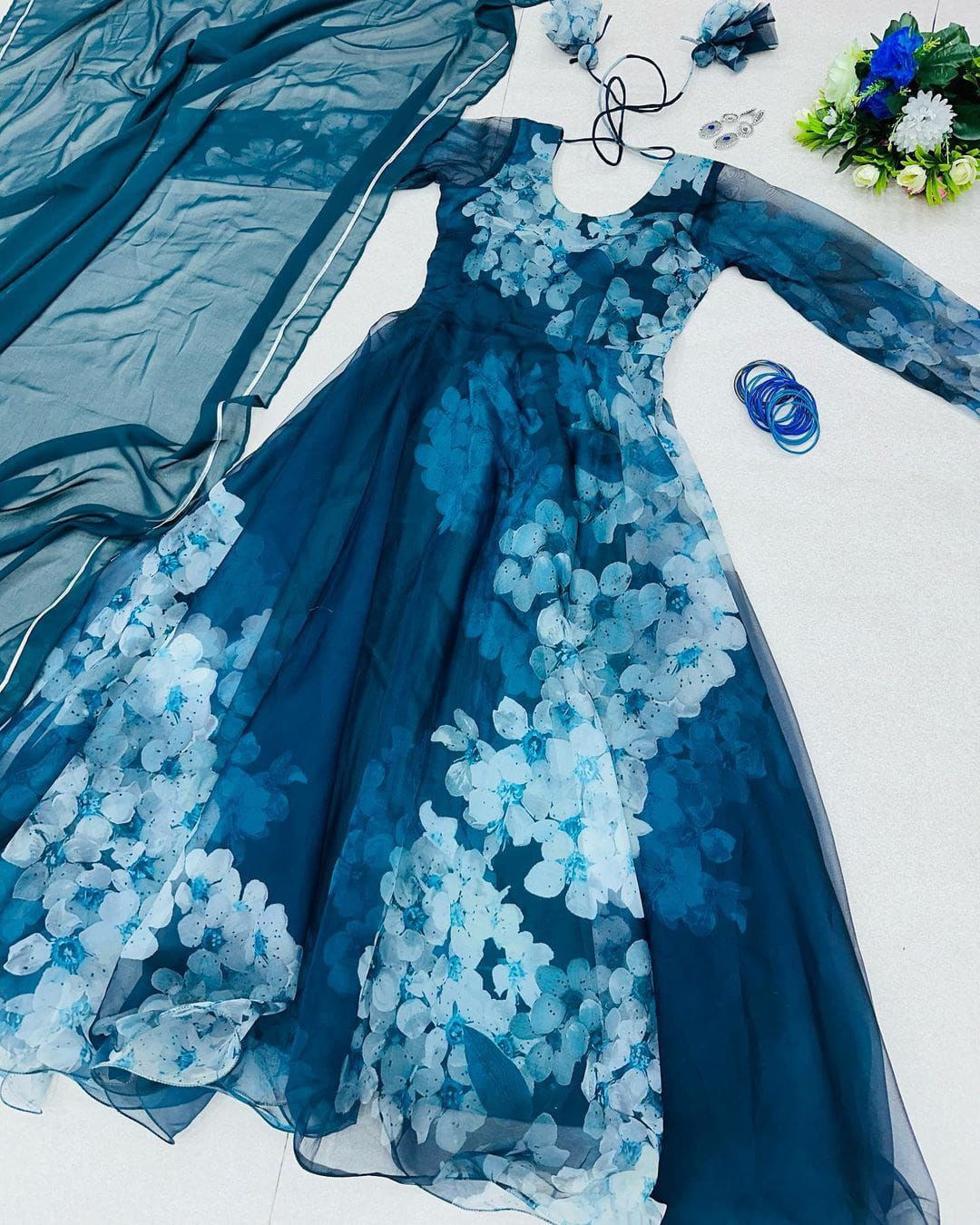 Fabulous Blue Color Digital Print Organza Gown