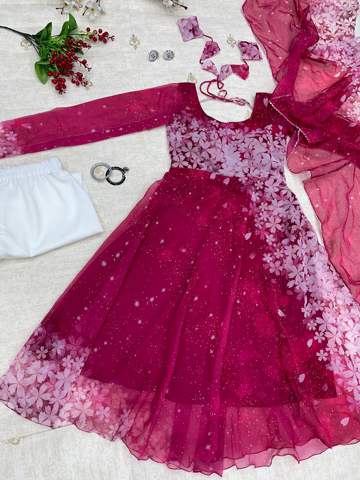 Dark Pink Color Beautiful Digital Print Gown
