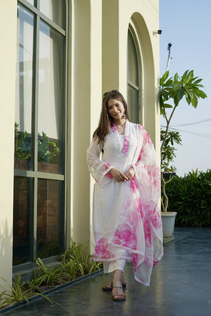 Trendy White Color Printed Organza Salwar Suit