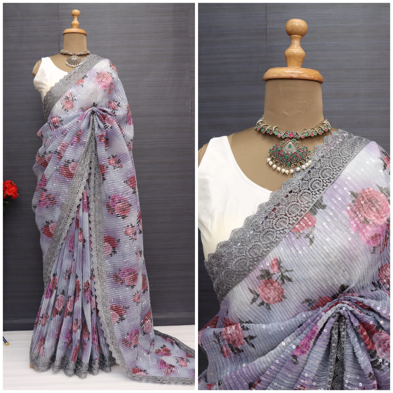 Embellished Sequence Work All Over Gray Color Saree