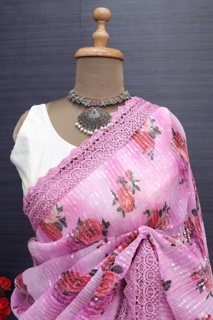 Embellished Sequence Work All Over Pink Color Saree