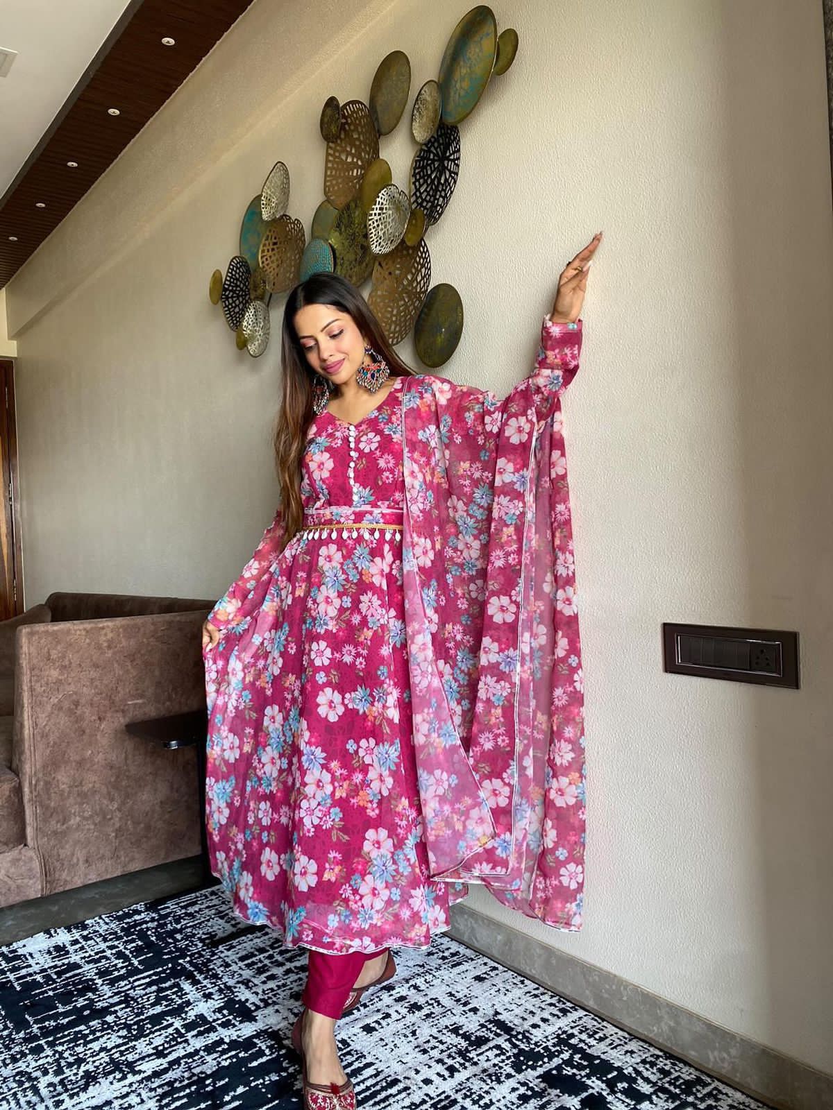 Innovative Wine Color Digital Printed Gown