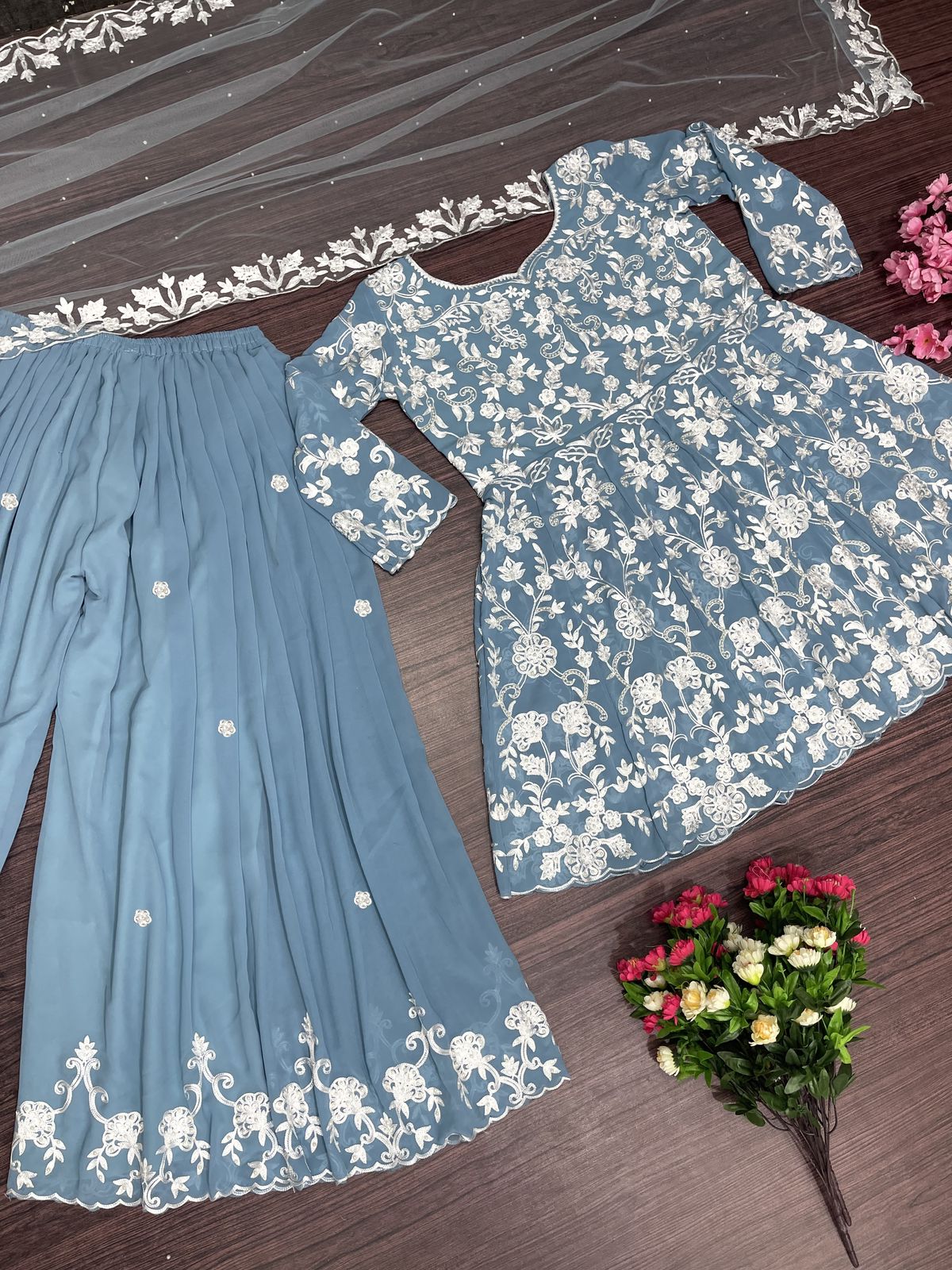 Terrific Sky Blue Color Thread With Cut Work Sharara Suit