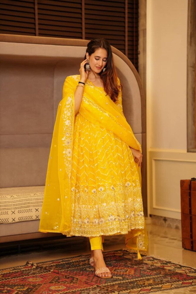 Haldi Wear Yellow Color Sequence Thread Work Gown
