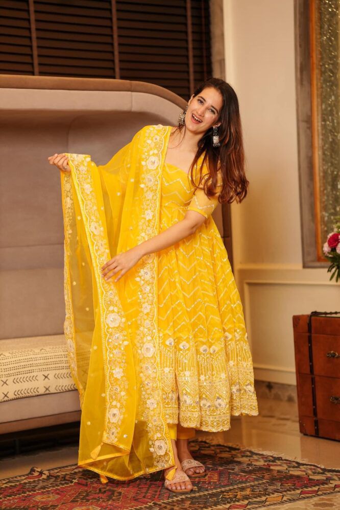 Haldi Wear Yellow Color Sequence Thread Work Gown