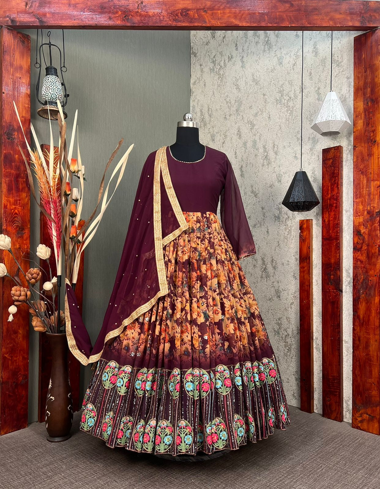 Wine Color Beautiful Work Printed Gown