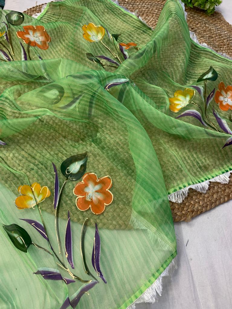 Handprint Flower Print Organza Green Color Saree