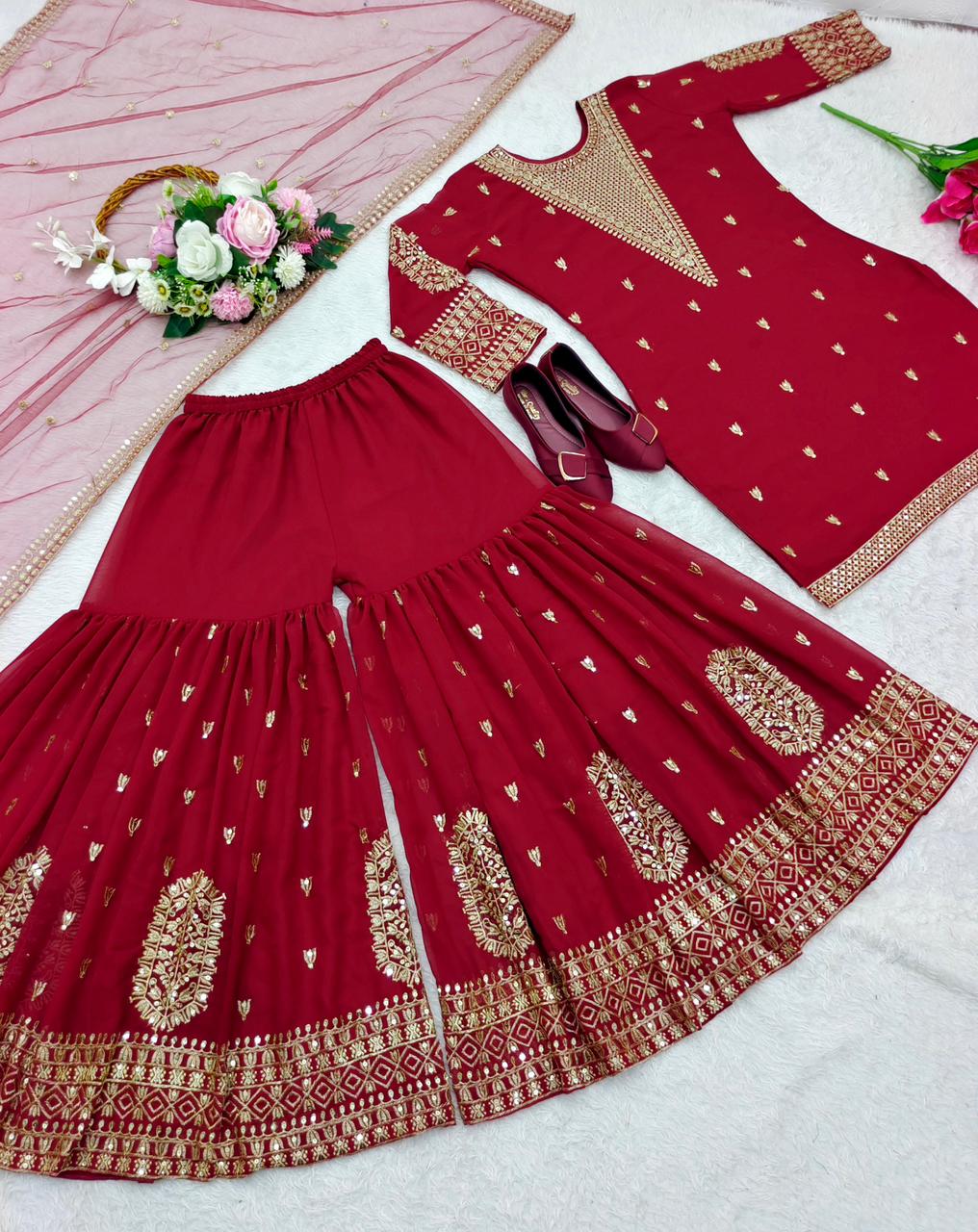 Heavy Red Color Embroidery Sequence Work Salwar Suit