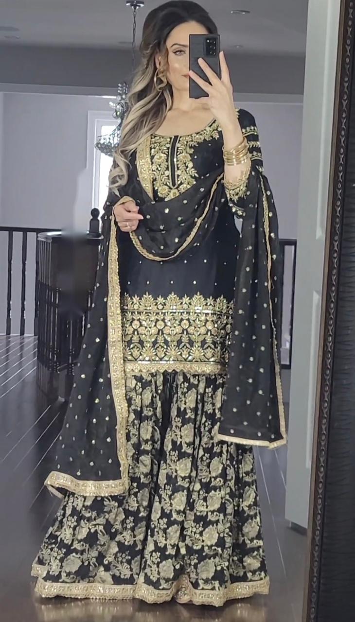 Charming Embroidery Work Black Color Sharara Suit
