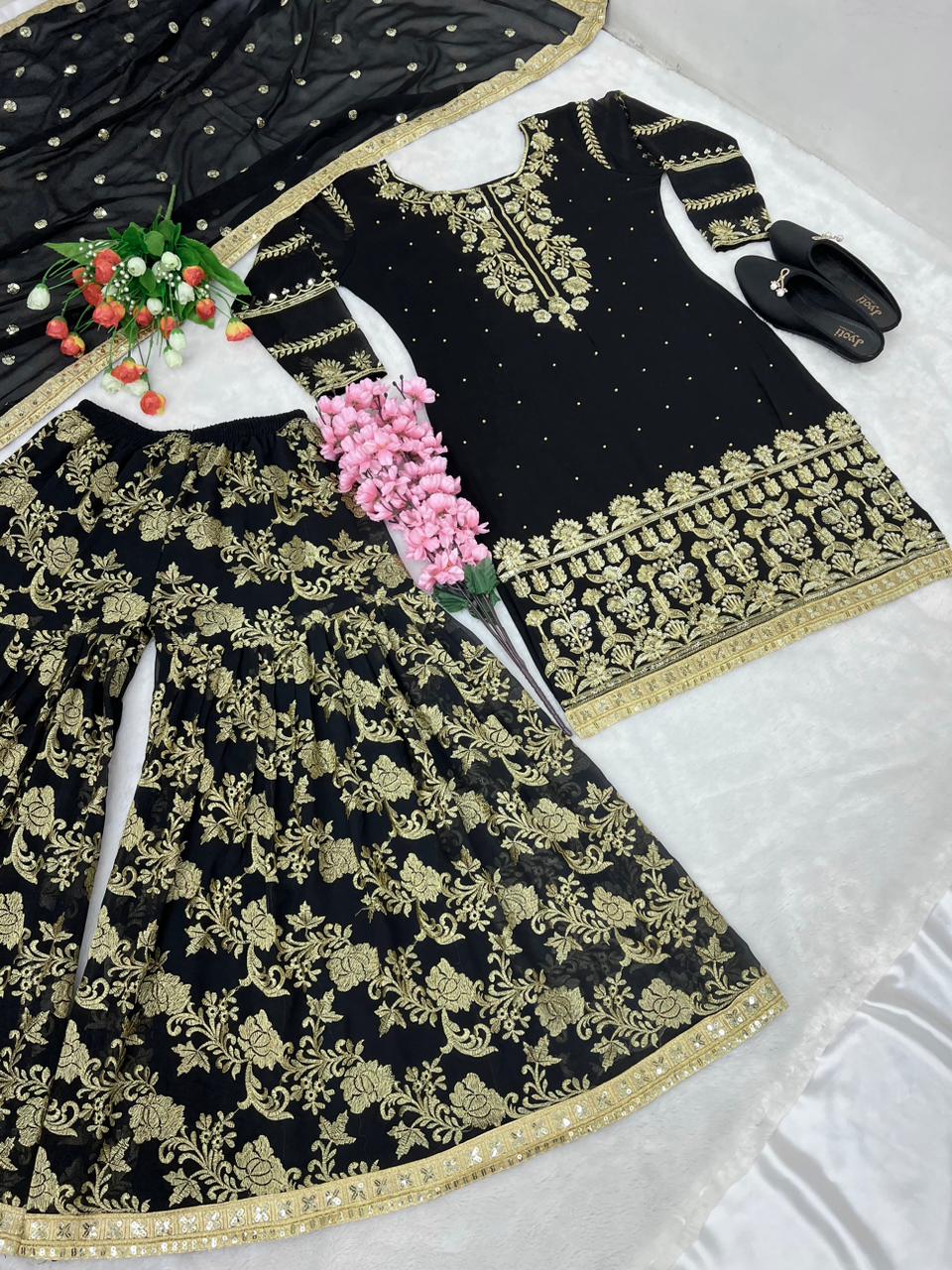 Charming Embroidery Work Black Color Sharara Suit
