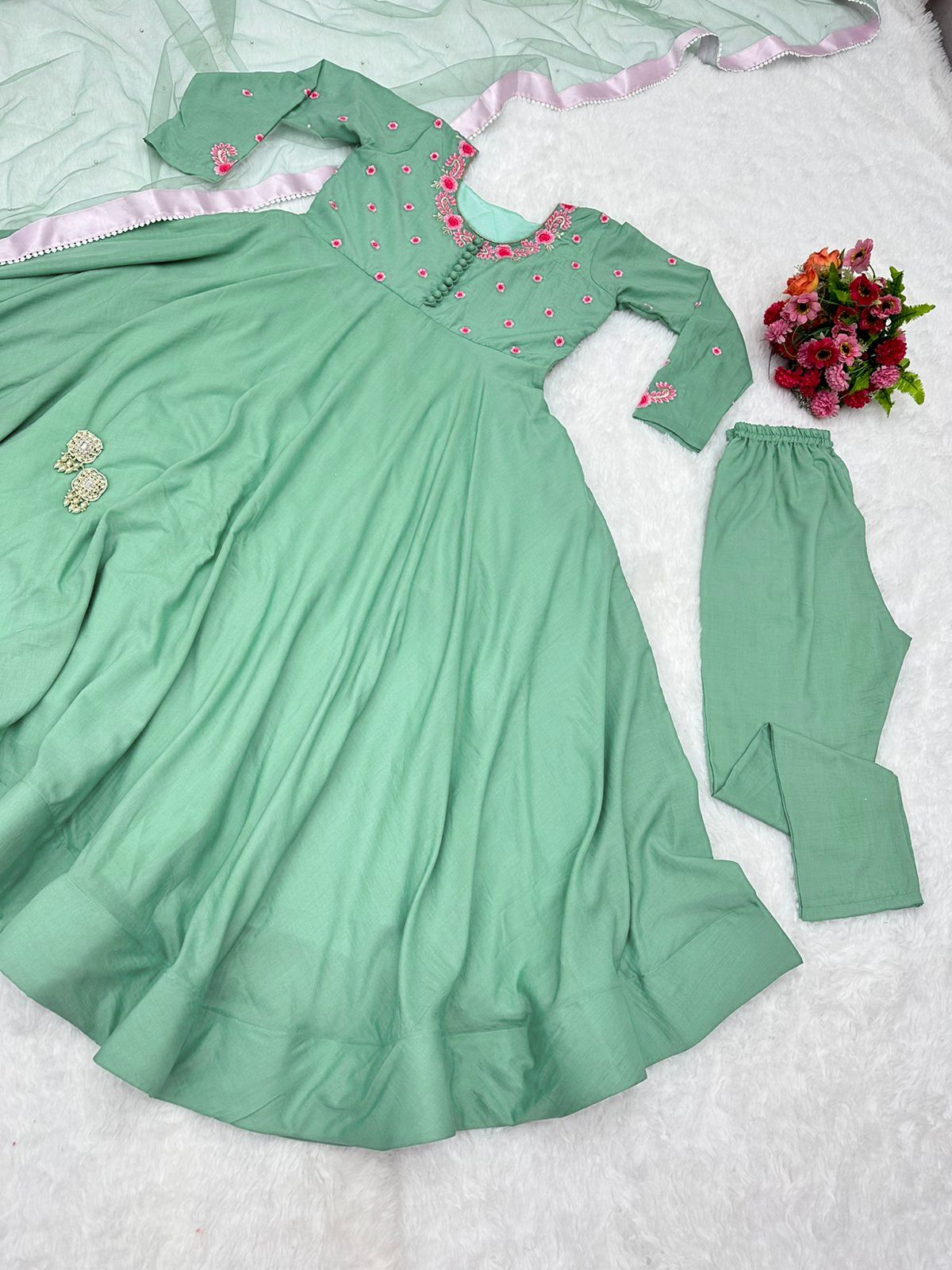 Exclusive Embroidery Work Pista Green Color Gown
