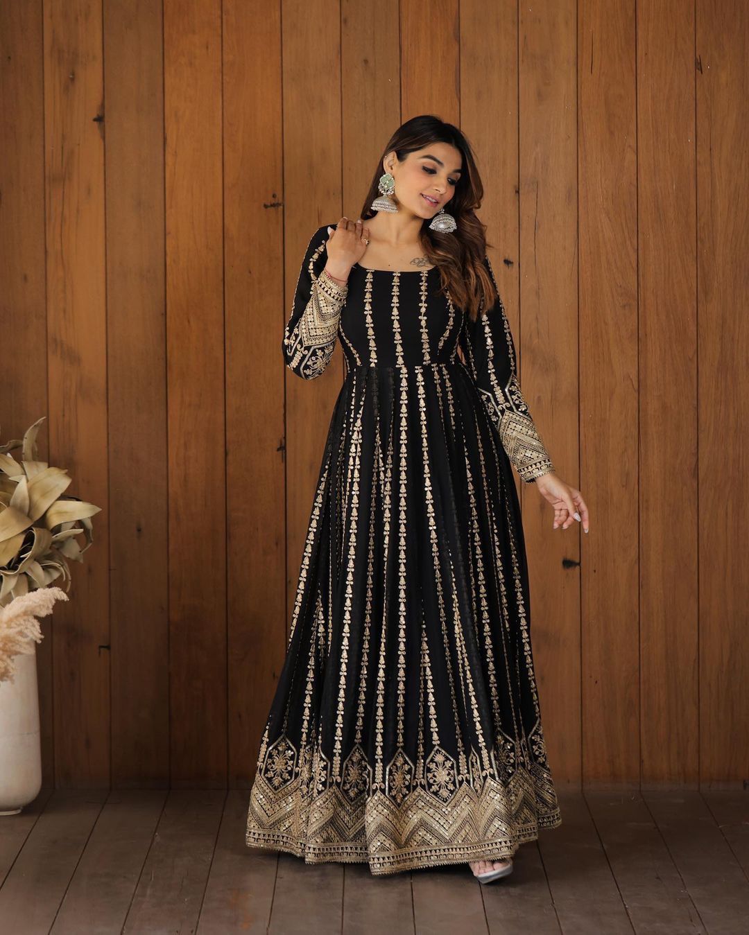 Attractive Sequence Embroidery Work Black Color Gown