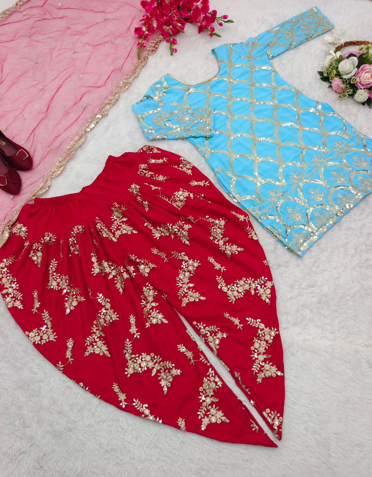 Sky Blue And Red Color Sequence Work Dhoti Suit