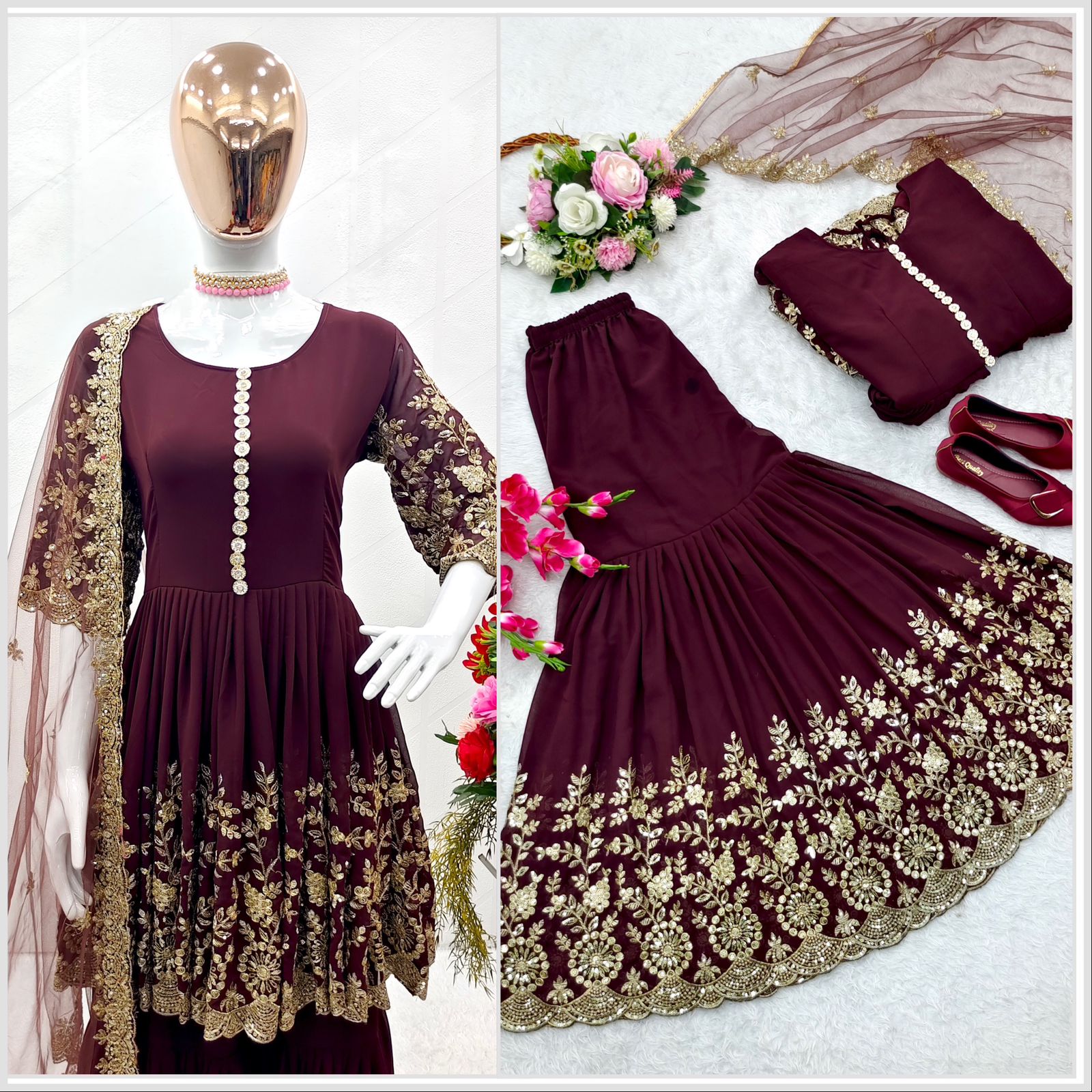Ravishing Embroidery Cut Work Maroon Color Sharara Suit
