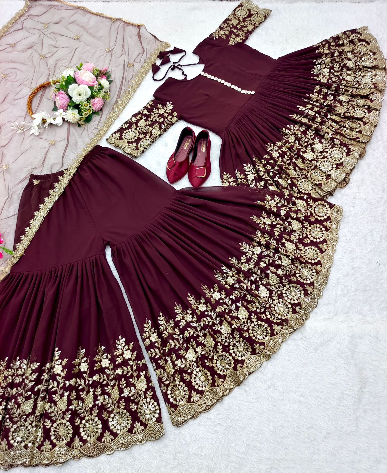 Ravishing Embroidery Cut Work Maroon Color Sharara Suit