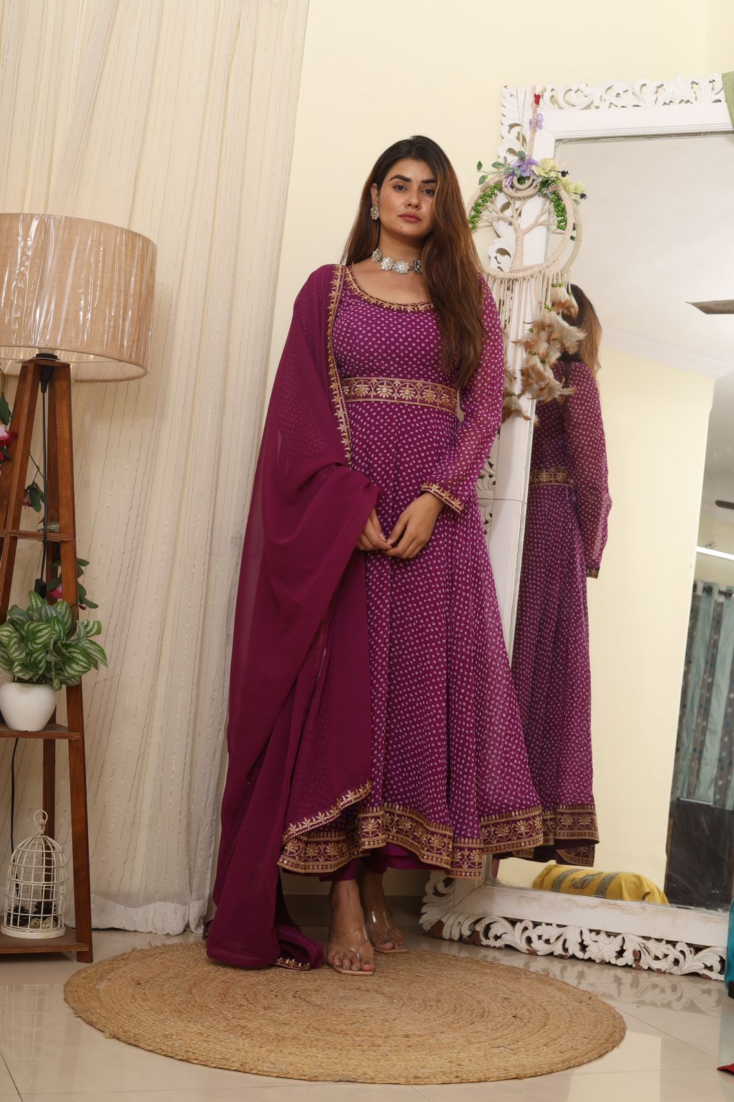 Exclusive Purple Color Thread Work With Digital Printed Gown