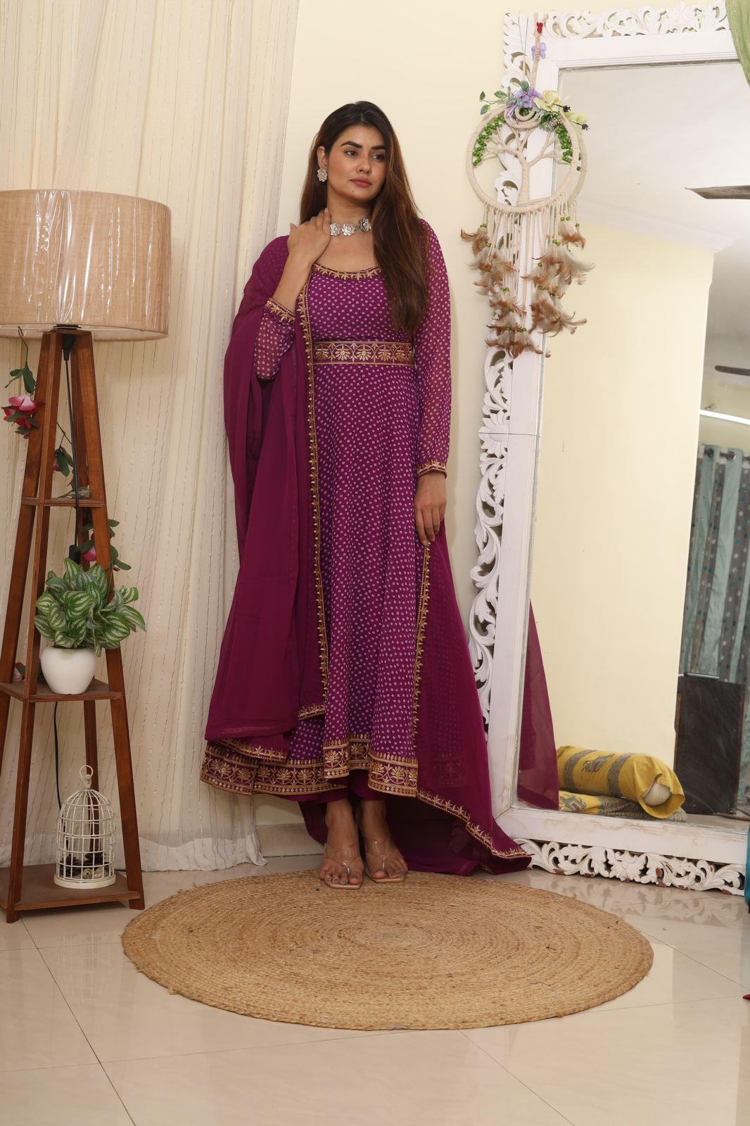 Exclusive Purple Color Thread Work With Digital Printed Gown