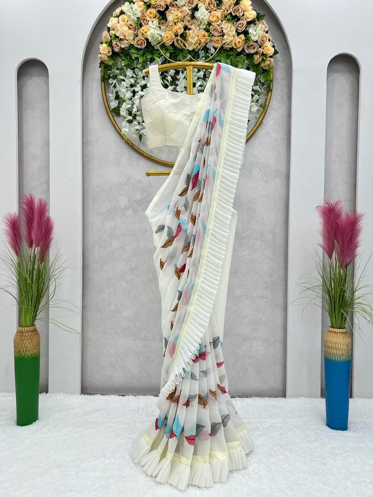 Fancy Ruffle Style White Color Printed Saree