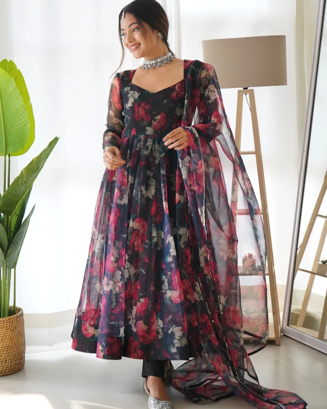 Amazing Organza Flower Printed Navy Blue Color Gown