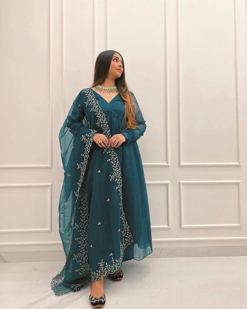 Elegant Teal Blue Color Organza Anarkali Gown
