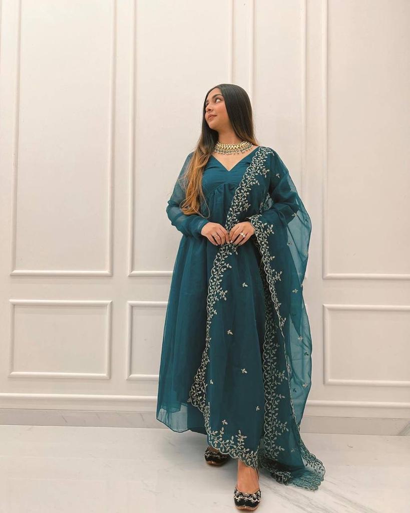 Elegant Teal Blue Color Organza Anarkali Gown