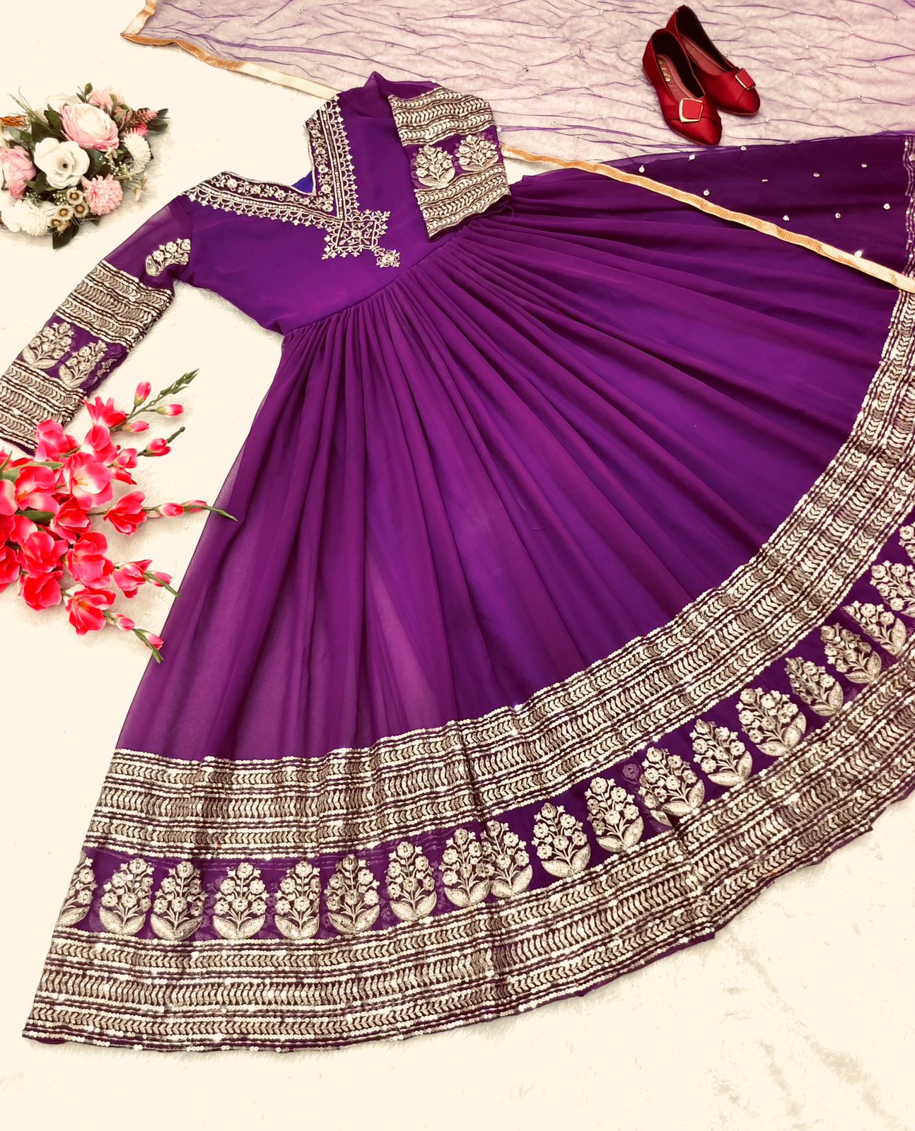 Stunning Sequence Embroidery Work Purple Color Gown