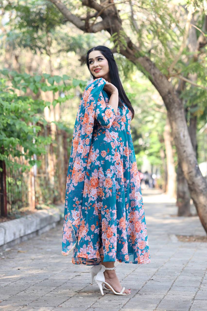 Casual Wear Aqua Color Flower Printed Gown