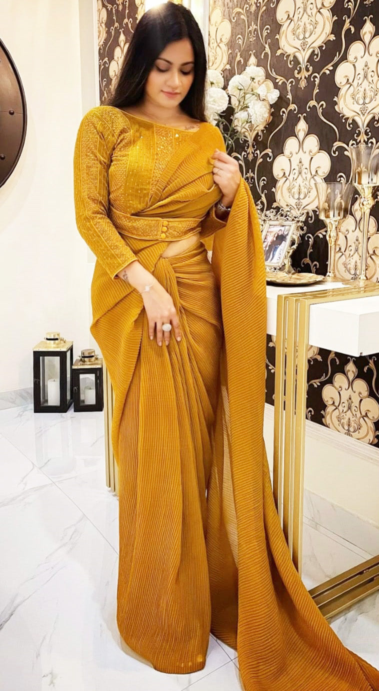 Mustard Color Crushed Saree With Fancy Attached Belt Blouse