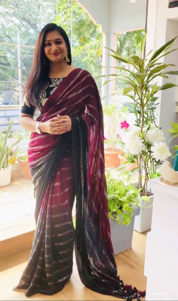 Lovely Pink With Black Color Sequence Work Saree